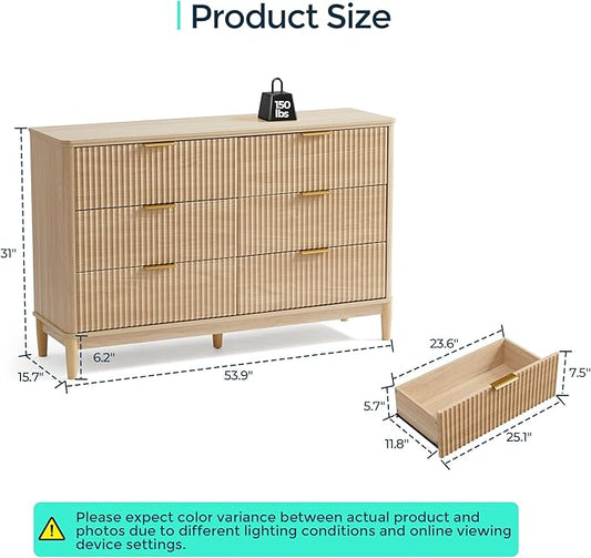 LINSY HOME Fluted Dresser for Bedroom with 6 Drawers, 54" Wide Mid Century Modern Dressers, Tall Boho Chest of Drawers, Large Wood Accent Storage Cabinet for Living Room, Curved Profile Design, Oak