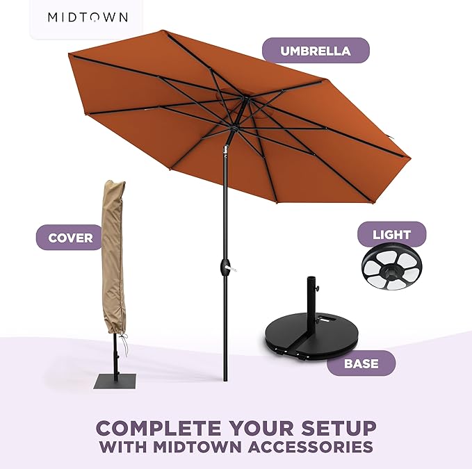 Midtown Umbrellas - 10-Year-No-Fade 6 Ft Patio Umbrella with Terylast Fabric, Auto-Tilt Aluminum Frame and 8 Reinforced Ribs for Deck, Pool, Garden & Beach - Terracotta Orange Canopy, Black Pole