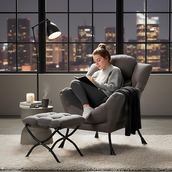 Lazy Chair with Ottoman, Comfy Fabric Accent Lounge Arm Chair with Lumbar Pillow and Folding Footrest, Reading Leisure Sofa Armchair for Bedroom, Living Room, Dorm,Dark Grey