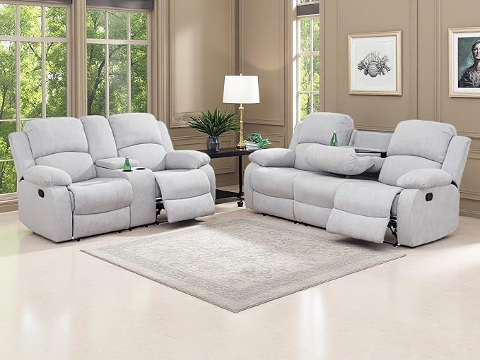 Living Room Furniture Sets 2PCS Fabric Recliner Sofa Set Modern Loveseat Couch Set Manual Reclining Sofa Set with Cup Holders/Storage Console for Living Room/Rv Car (Grey White, Sofa+Loveseat)