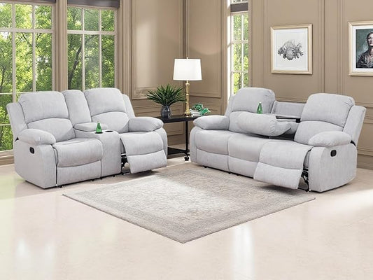 Living Room Furniture Sets 2PCS Fabric Recliner Sofa Set Modern Loveseat Couch Set Manual Reclining Sofa Set with Cup Holders/Storage Console for Living Room/Rv Car (Grey White, Sofa+Loveseat)
