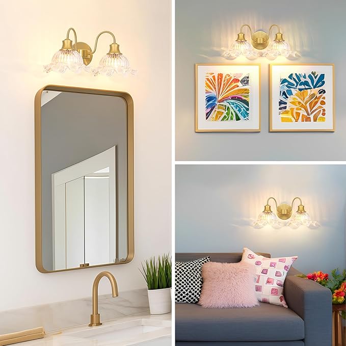 Vintage Vanity Light 2-Light, Gold Bathroom Light Fixture with Crystal Glass Shades, Wall Sconce for Bathroom Mirror Lighting, Brass Wall Sconce Decor for Powder Rooms, Dressing Areas