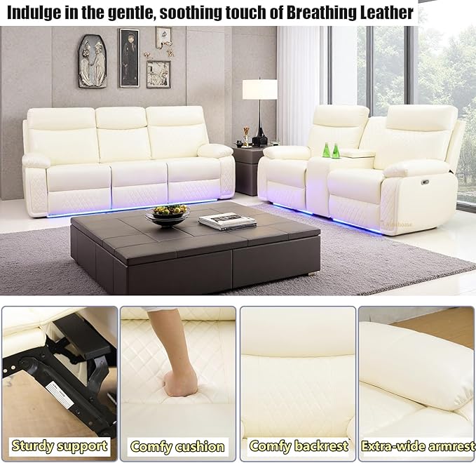 A Ainehome 2 Pieces Living Room Furniture Sets, Breathable Leather Power Recliner Sofa Set, Vanilla White Leather Reclining Sofa Loveseat Couches for Living Room with LED/Storage/Cup Holders