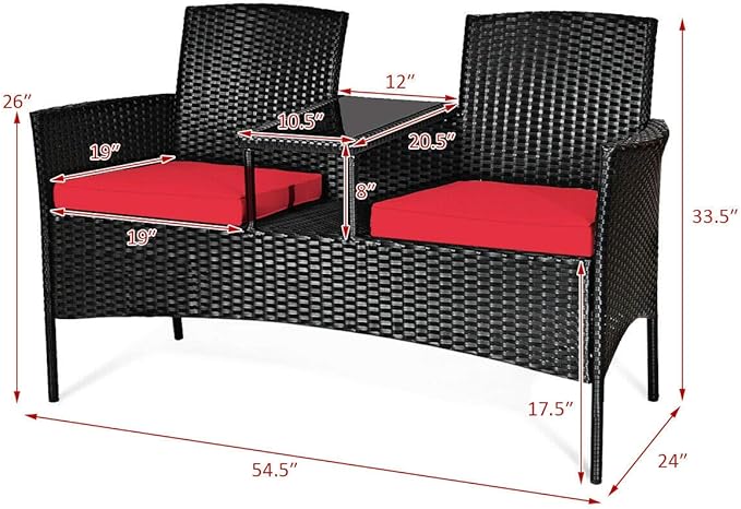 HAPPYGRILL Patio Loveseat Rattan Wicker Loveseat with Coffee Table, Outdoor Conversation Sofa Furniture with Cushions for Garden Lawn Backyard Porch