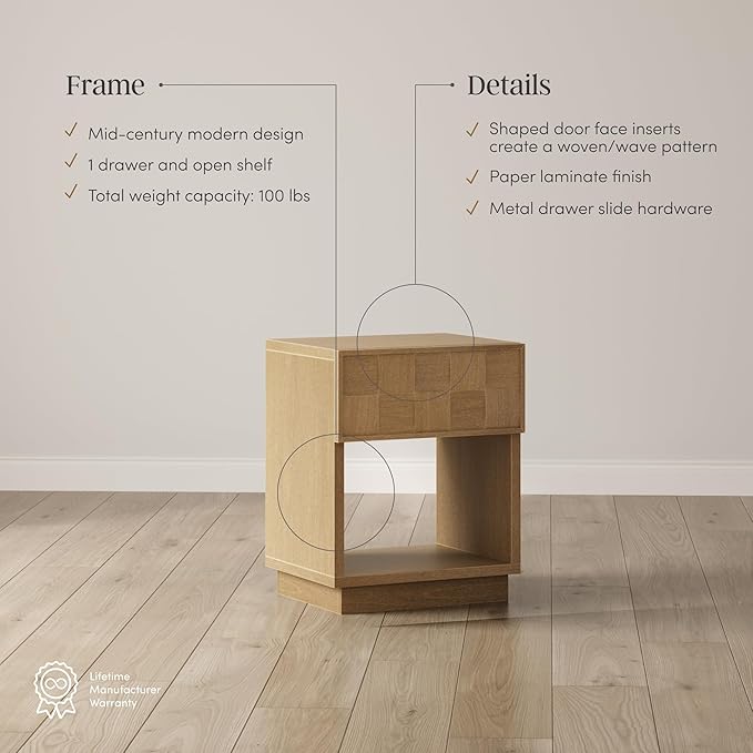 Nathan James Paige Mid Century Modern Nightstand with 1 Drawer, Rustic Bedside Table with Sculpted Drawer Front and Open Bottom Shelf, Light Brown