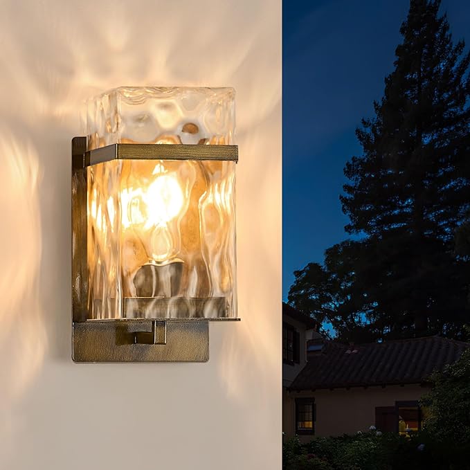 Outdoor Wall Light, Vintage Gold Exterior Waterproof Lanterns,Porch Sconces Wall Mounted Lighting with E26 Sockets & Glass Shades, for Garage,Doorway,Patio,Front Door