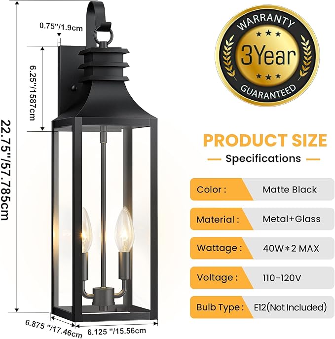 22" Large Outdoor Wall Lights, 2-Pack Black Porch Lights with Clear Glass, Waterproof Exterior Lighting Fixtures, E12 Socket Modern Farmhouse Wall Sconces Lantern for House Garage, Aluminum Frame