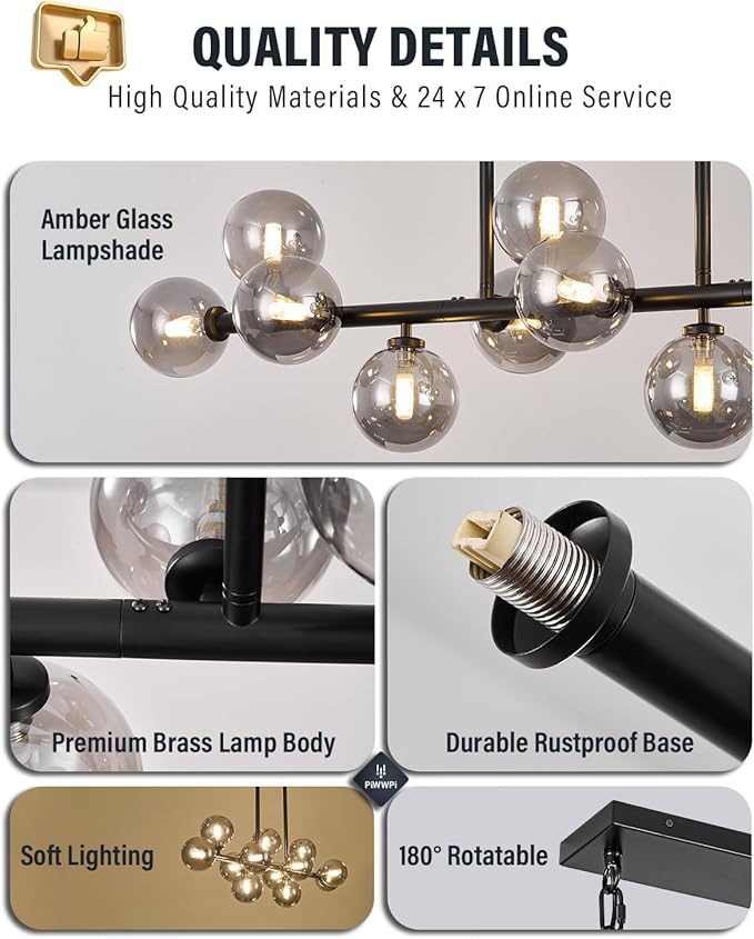 Modern Chandeliers for Dining Room Kitchen Island, 55" Long Large Linear Sputnik Globe Chandelier, 16-Light Mid Century Modern Light Fixture Over Table, Black and Smoke Grey Bubble, GC-08