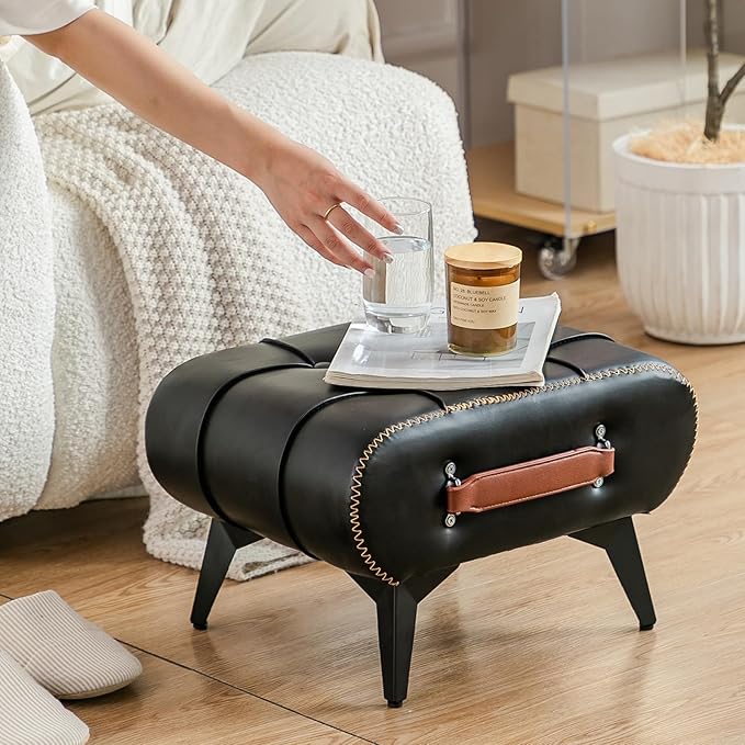 Small Footstool Ottoman - Stylish and Functional Faux Leather Footrest for Extra Seating in Living Room, Entryway, or Office