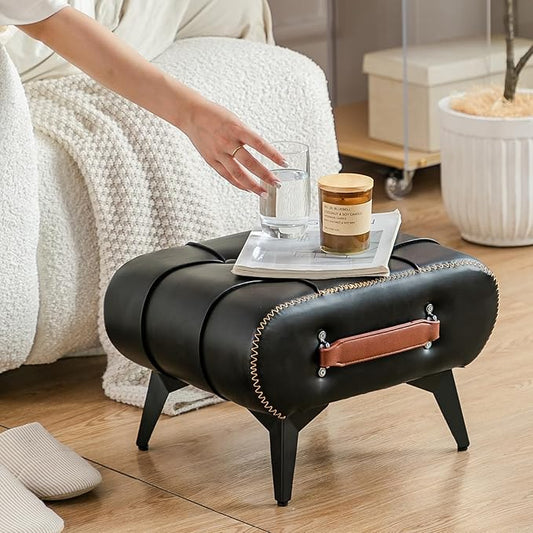 Small Footstool Ottoman - Stylish and Functional Faux Leather Footrest for Extra Seating in Living Room, Entryway, or Office
