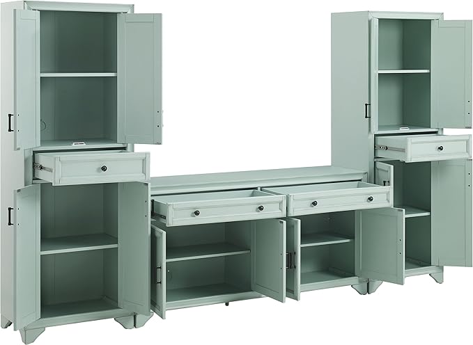 Crosley Furniture Tara 3-Piece Modern Farmhouse Sideboard Buffet Cabinet and Kitchen Storage Pantry Set, Distressed Seafoam Blue