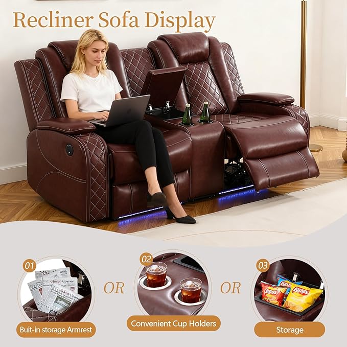 Power Leather Recliner Sofa Set with LED Light,Reclining Loveseat and 2*Chairs Set with Storage Console/USB Port/Cup Holder,Leather Couch for Living Room Furniture Sets(2+1+1 Seats,Burgundy)