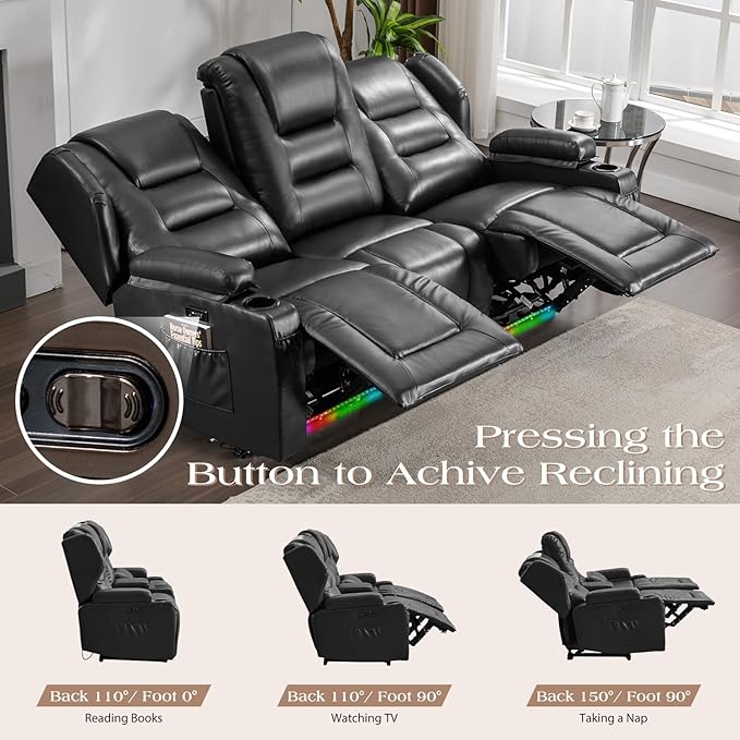 Oprisen 3-Seater Power Recliner Sofa Couch Flip Middle Backrest Reclining Sofa Chair for Living Room with Charging Station/Cup Holders/LED Ambient Light