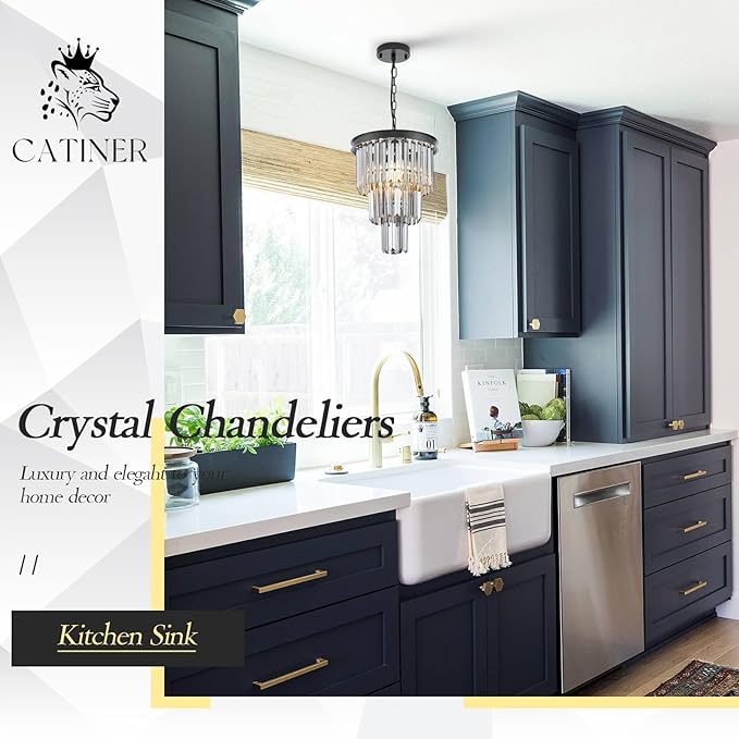 3 Tiers Black Crystal Pendant Light, Mini Smoke Gray K9 Crystal Chandelier Modern Pendant Light Fixture for Kitchen Island Dining Room Hallway Bedroom Closet