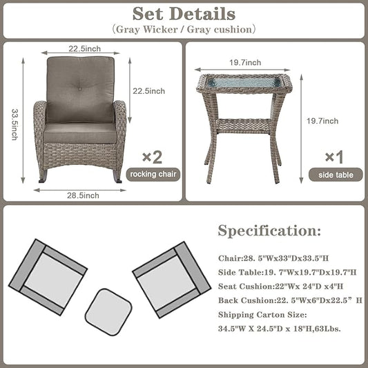 Belord Patio Rocking Chairs Wicker Set - Outdoor Rocking Chairs Set of 2 with Side Table, 3 Piece Patio Rocker Furniture Set with Water-Resistant Cushions for Porch Balcony Backyard