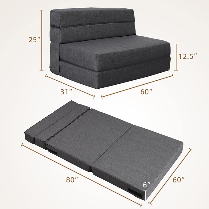 Nigoone Queen Size Folding Sofa Couch Memory Foam with 2 Pillows Sleeper Chair Lazy Couch Triple Futon Convertible Guest Beds, Washable Cover, Dark Gray