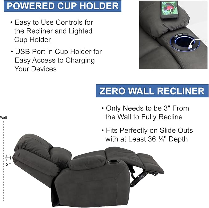RecPro Charles 70" Powered Double RV Wall Hugger Recliner Sofa | Loveseat | RV Furniture with Upgraded 2023 Fabric (Gunmetal)