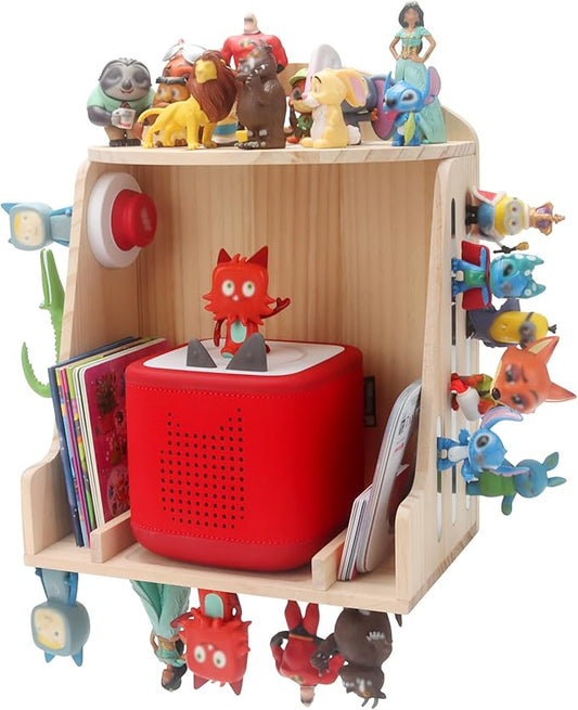 for Toniebox 1/2 Storage Shelf Display for 40–50 Tonies Figures Characters, Holds for Tonieplay Story Game Controller Accessories, Wooden Magnetic Organizer with Charging Access, Wall Mount+Desktop