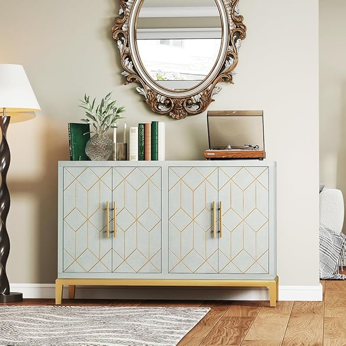 47.8" Accent Storage Cabinet with 4 Doors, Modern Sideboard Buffet Cabinet with Gold Lines, Wood Decorative Credenza with Storage for Living Room, Kitchen, Dining Room, Entryway, Green