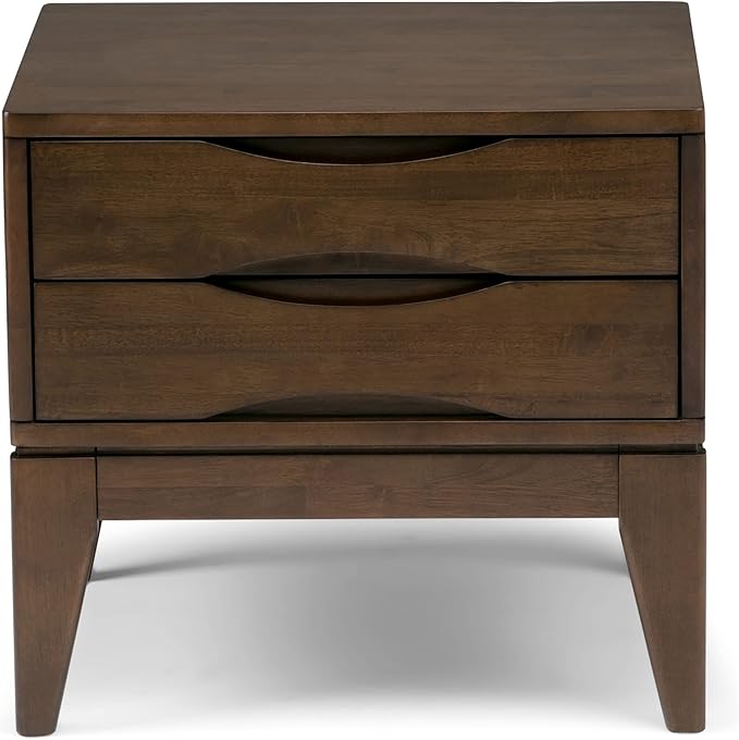 SIMPLIHOME Harper End Table - 22 inch Wide Solid Wood 2 Drawer Side Table in Walnut Brown, Mid Century Modern Accent Table for Living Room with Tapered Legs and Notched Handles