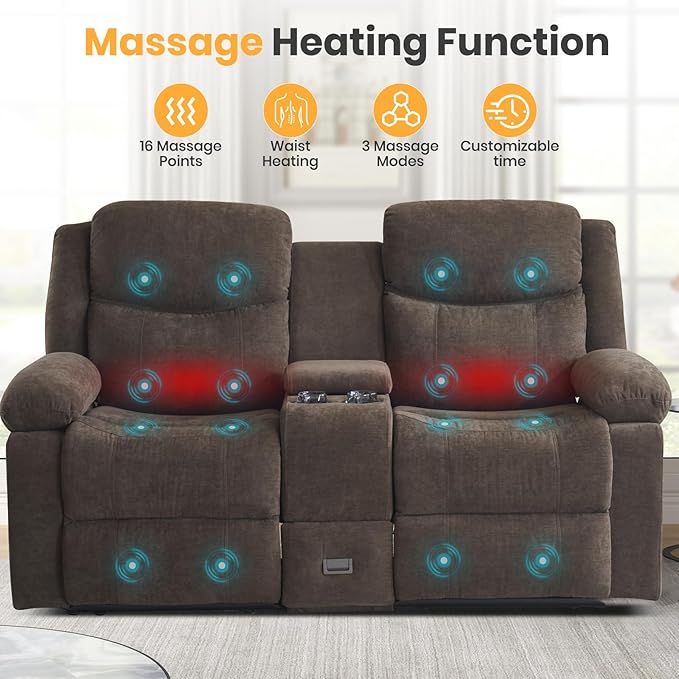 Reclining Loveseat with Console, Loveseat Recliner Sofa with Massage & Heating, RV Wall Hugger Double Loveseat Recliner Couch for Living Room & Home Theater (Chenille-Brown-2)