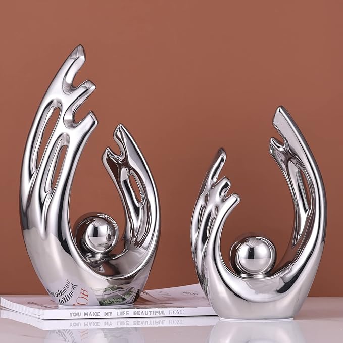 LCCCK 12" H Silver Aesthetic Room Decor Accent, TV Stand Funky Table Centerpiece, Abstract Art Ceramic Statue and Sculpture, Silver Decor for Living Room, Bookshelf Decorative Objects, Shelf Decor