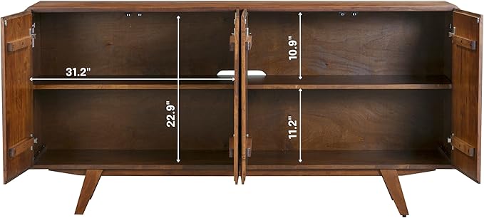 NTC Sapa Mid-Century Modern Solid Wood Sideboard – 4-Door Accent Buffet Cabinet with Carved Geometric Fronts, for Living Room, or Entryway, Effortless Assembly, Dark Walnut