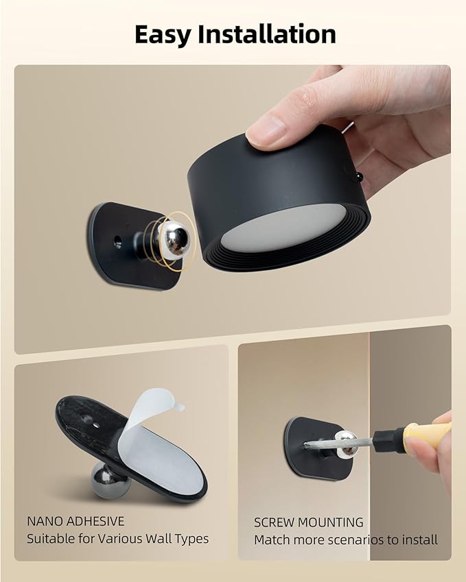 LED Wall Mounted Lights,Rechargeable Wall Sconces Lamp for Bedroom,3 Color Temps & Remote and Touch Control,360°Rotation Dimmable Cordless (2 Pack)