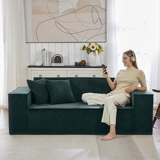 SUYOLS Corduroy Cloud Couch with Pillow, Premium Memory Foam, No Assembly Required, Deep Seat Sofa in Box, Space-Saving Chair for Home, Living Room, Bedroom, Apartment, Office, 3-Seater, Dark Green