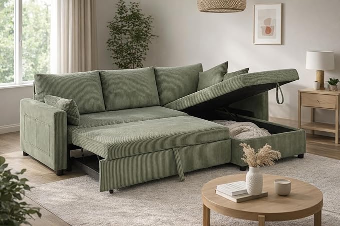 Sectional Sleeper Sofa with Pull Out Bed, LShape Convertible Sofa Bed Couch with Storage Chaise, 3 in 1 Pull Out Sofa Bed with 3 Seats, for Living Room,Apartment, Green, 85Inch