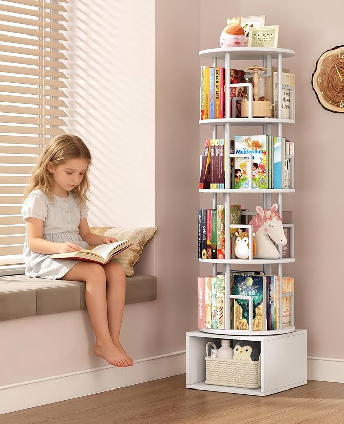 5 Tier Rotating Bookshelf with Extra Storage Cabinet, 360°Spinning Corner Bookshelf, Floor Standing Bookcase for Kids & Adult, Narrow Book Shelf for Bedroom Living Room, Pure White