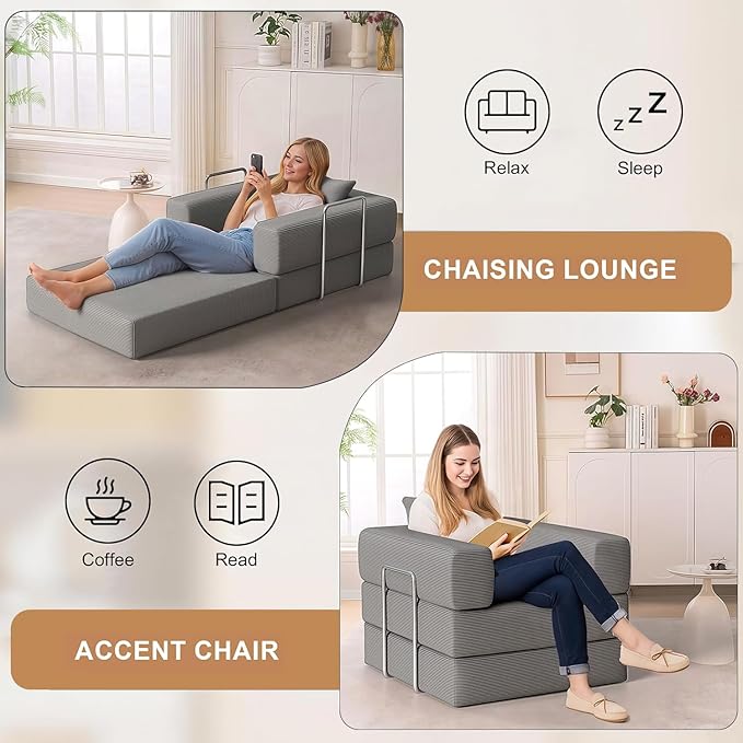 BSHOMGI 2-in-1 Floor Foldable Sofa Couch Convertible Sleeper Chaise Lounge Chair Indoor Portable Fold Out Futon Mattress with Back Support for Living Room,Bedroom (Gray, 35.43" Single Sofa)