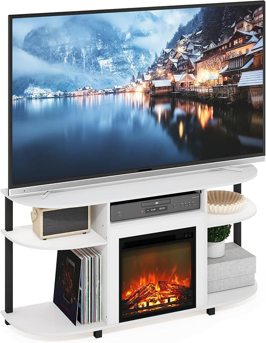 Furinno Jensen Fireplace TV Stand, Curved Entertainment Center, TV Console for TV up to 55 Inch with Fireplace and Open Storage, for Living Room, Bedroom, Solid White