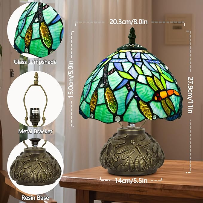 Small Tiffany Table Lamp,Stained Glass Lamp,8 Inch Mushroom Style Mini Vintage Desk Lights for Bedside, Bedroom,Nightstand,Living Room,3 Color Temperature (Wheat Ear Dragonfly)