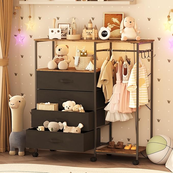 Dresser for Bedroom with Clothes Rack, 4 Drawers Dresser with Charging Station and LED Lights, Storage Chest of Drawers with Wheels, Wooden Top, for Closet, Living Room, Hallway, Rustic Brown
