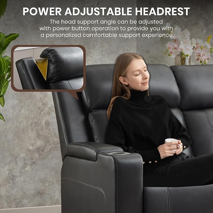 Power Reclining Sofa with Adjustable Headrest/LED Light, Electric Reclining Couch with Dual Ports, Storage, Outlet, Power Loveseat Recliner Sofa for Living Room,Apartment (Dark Grey, 3 Seater)