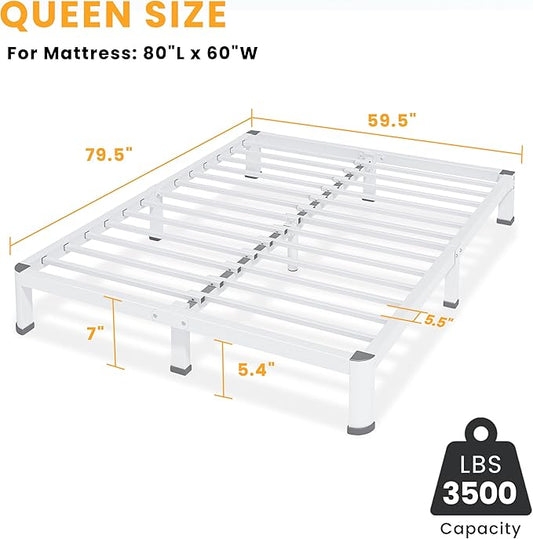 7 Inch Queen Bed Frame, Metal Platform Bed Frame with Round Corner Legs, 3500 lbs Heavy Duty Steel Slats Support, No Box Spring Needed, Noise Free, Easy Assembly, White