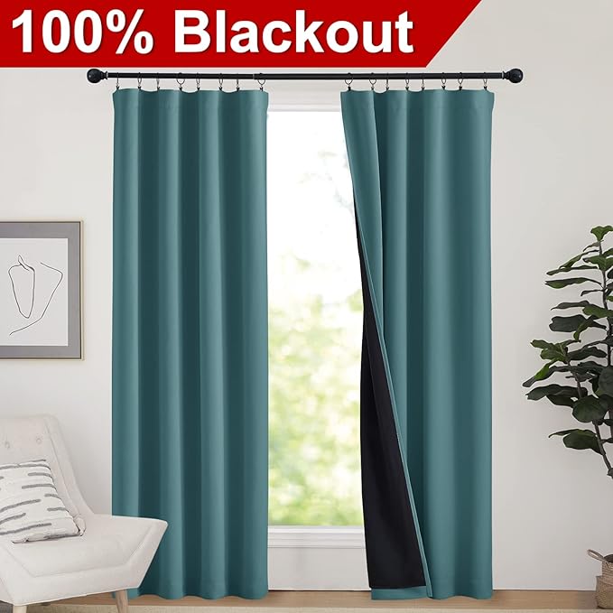 NICETOWN Complete 100% Blackout Curtain Set, Thermal Insulated & Energy Efficiency Window Draperies for Guest Room, Full Shading Panels for Shift Worker and Light Sleepers, Sea Teal, 42W x 84L, 2 PCs