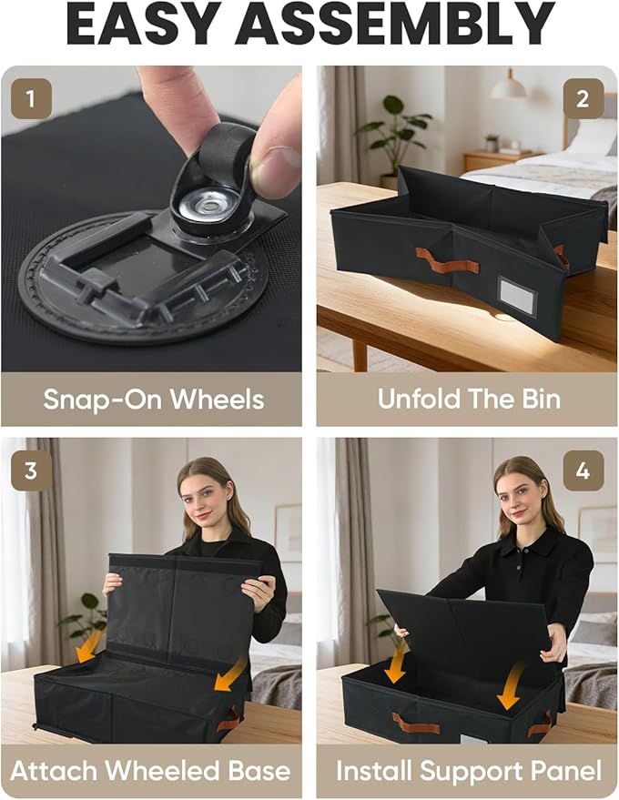 2-Pack Under Bed Storage with Wheels and 6 Vacuum Seal Bags, Adjustable Height 7.9"-10.2",Heavy Duty Capacity,Clear Lid Organizer for Dorm Bedroom Clothes Shoes Books,Quick Assembly Space Saver，Black
