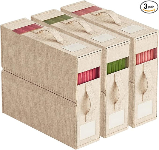 3Pack Sheet Organizers and Storage with Handles – Foldable Linen Closet Storage for King & Queen Sheet Sets – Clear Window & Removable Labels – Dustproof & Space-Saving Design, Beige