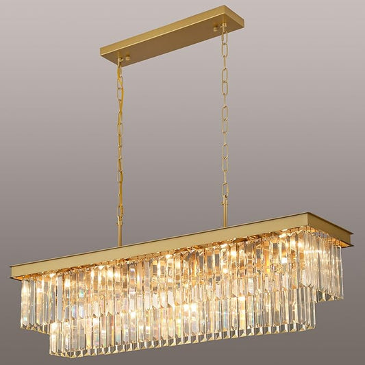 Crystal Chandeliers for Dining Room Light Fixtures Over Table，15-Lights Gold Modern Rectangle Chandeliers for Kitchen Island Bar