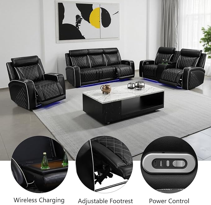 Power Recliner Sofa Set with LED, Breathable Leather Recliner Couch Loveseat Chair Set with USB Port/Cup Holder/Storage, 3 Piece Reclining Living Room Set for Home Theater (Black-3)