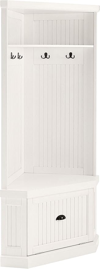 Crosley Furniture Seaside Corner Hall Tree with Shoe Rack Bench and Coat Hooks for Hanging Storage, Distressed White