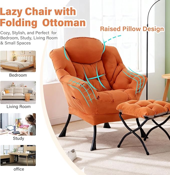 Lazy Chair with Ottoman, Modern Chair with Folding Footrest, Orange Accent Chair, Comfortable Reading Chair, Oversized Armchairs for Bedroom, Study, Living Room, Courtyard