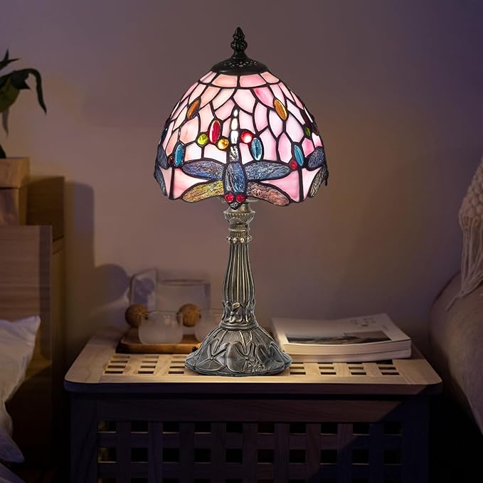 Tiffany Table Lamp,3 Color-Temperature Dragonfly Stained Glass Lamp,8 Inch Tiffany Style Lamp for Bedroom Living Room Home, Handcrafted Light, Included Bulb (Pink)