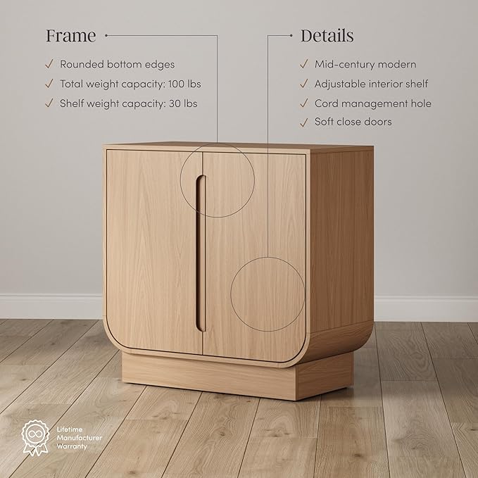 Nathan James Joey Mid Century Modern Storage Cabinet, Arched Accent Cabinet with Rounded Bottom Edges and Integrated Door Pull Cutouts, Raw Oak
