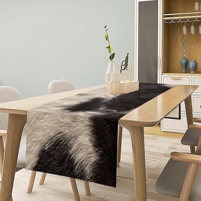 Cowhide Table Runner Black and White Milk Cow Western Style 3D Cow Fur Skin Texture Table Runner for Living Room Kitchen Dining Table Decoration 13x108in