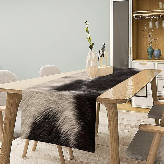 Cowhide Table Runner Black and White Milk Cow Western Style 3D Cow Fur Skin Texture Table Runner for Living Room Kitchen Dining Table Decoration 13x36in