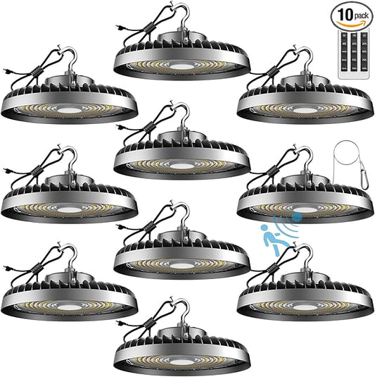 Smart 200W LED High Bay Light 30000LM 5000K UFO High Bay Lighting Motion Activated High Bay LED Lights AC100-277V for Warehouse Barn Remote Included- 10Pack