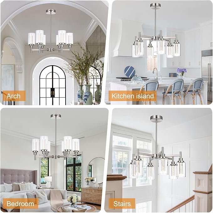 VINLUZ 6 Ceiling Light Industrial Chandelier Brush Nickel Pendant Lighting Hanging Fixture with Cylinder Clear Glass for Kitchen Bedroom Dining Room